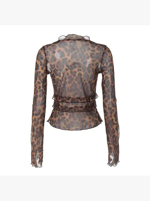 Leopard Print Mesh ruffled top