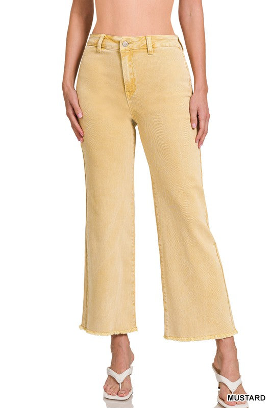 Acid Wash Frayed Cutoff Hem Straight Wide Pants – Bow N