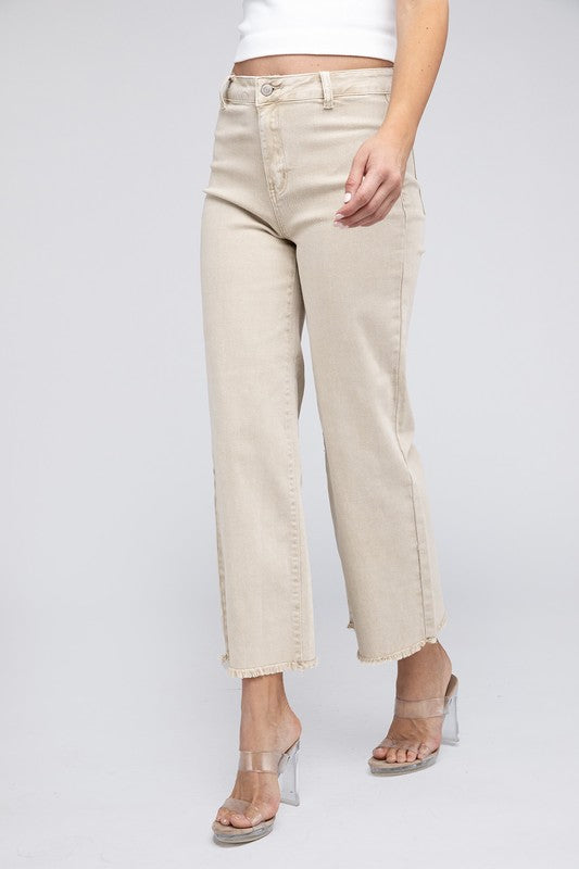 Acid Wash Frayed Cutoff Hem Straight Wide Pants – Bow N