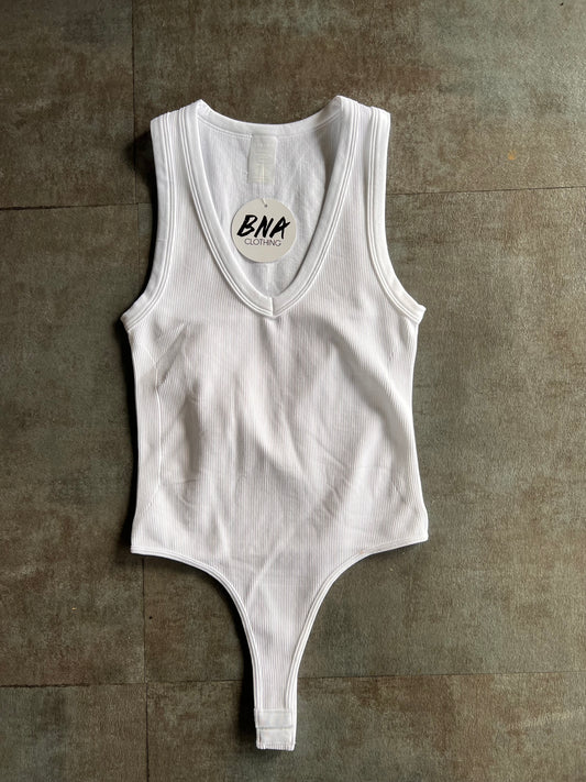 Ribbed V-neck Bodysuit (White)